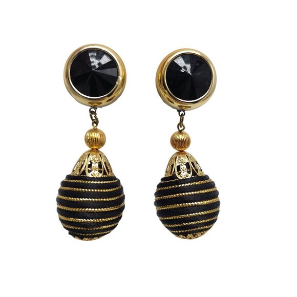 Vintage 1980s Black Gold Clip-On Drop Earrings With Striped Beaded Design - Picture 1 of 4